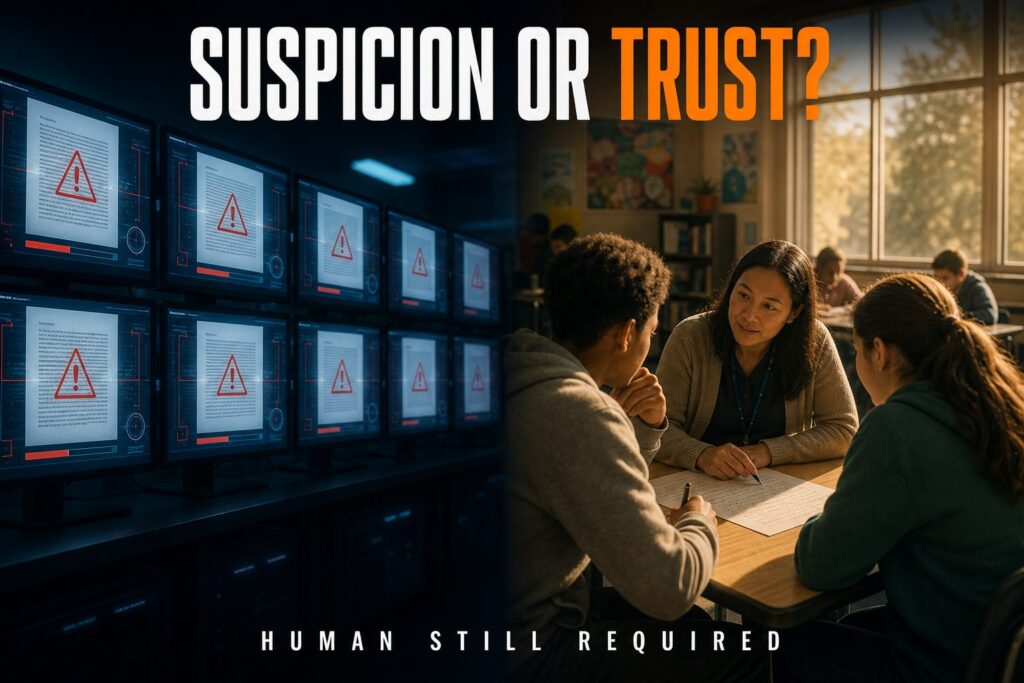 Blue screens flag essays beside a teacher talking with two students; headline Suspicion or Trust? on AI cheating suspicions