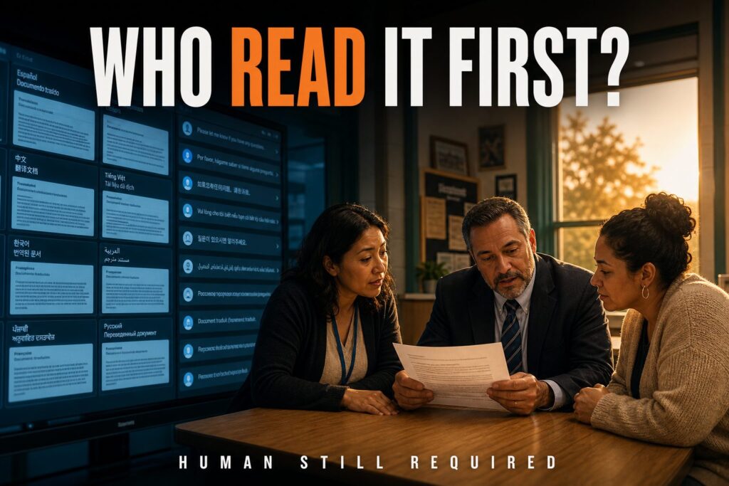 "Who Read It First?" headline over AI translation screens as a principal reads a letter with a parent: AI for school leaders