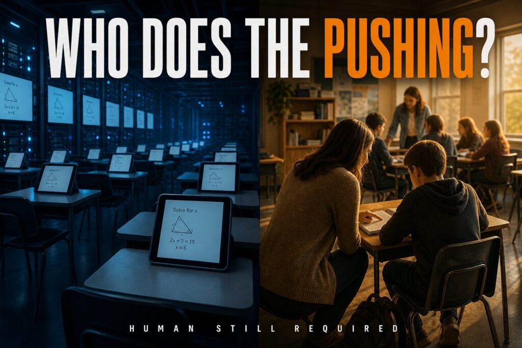 Split image: blue AI screens vs. a teacher encouraging a student, headline Who Does the Pushing? Can AI replace teachers?