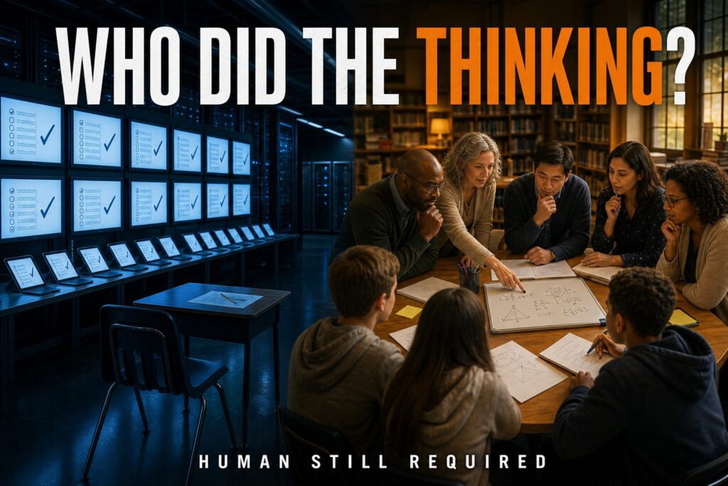 Blue screens of instant answers beside educators and students solving math; headline Who Did the Thinking? AI tutoring