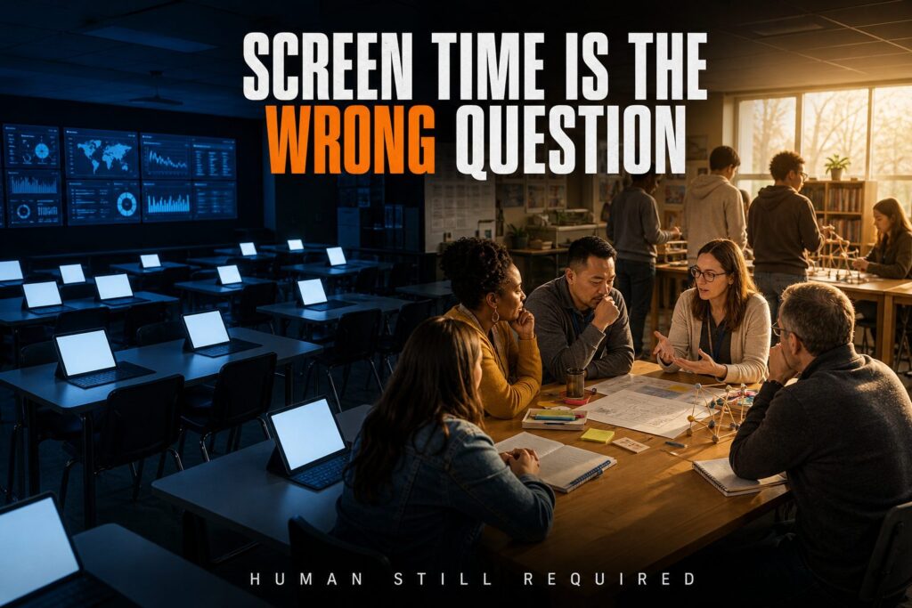 Glowing laptops beside teachers at a sunlit table, headline "Screen time is the wrong question" about classroom screen time