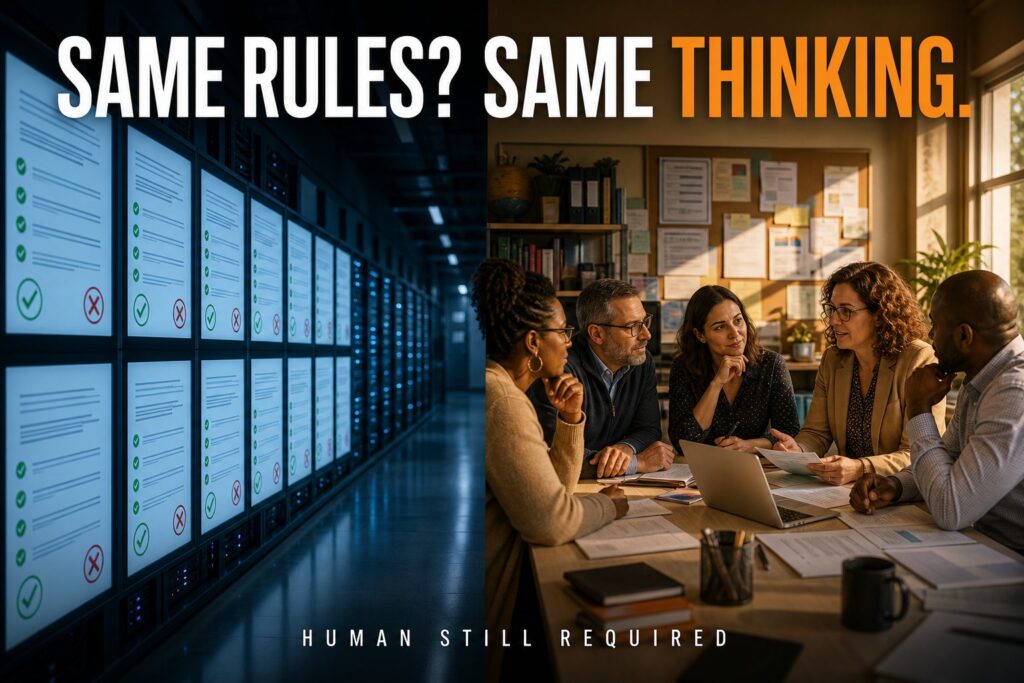 AI rule checklists on screens beside teachers talking, headline Same Rules? Same Thinking. District AI guidance