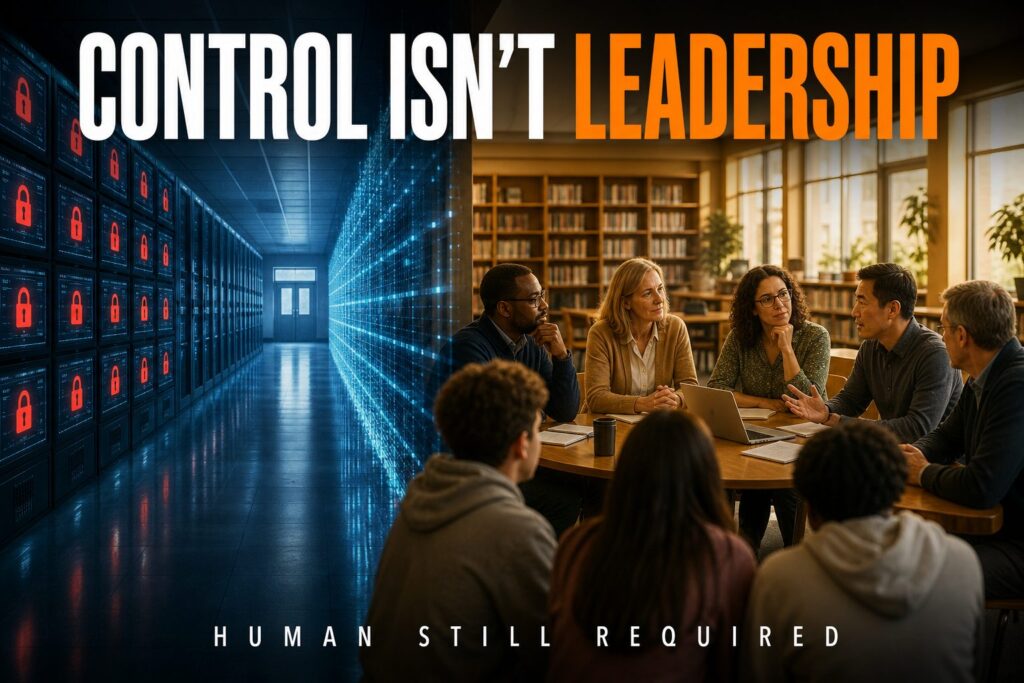 Split image: locked blue screens vs. educators and students talking, headline Control Isn't Leadership, on school AI bans