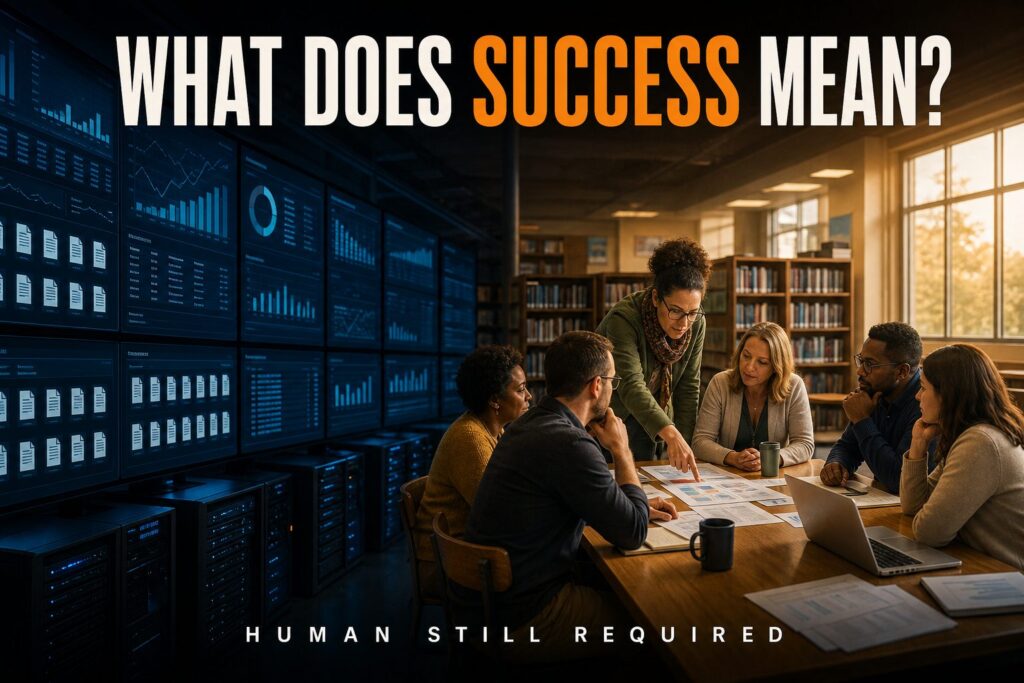Educators at a library table beside blue data screens, headline What Does Success Mean? on school AI pilots