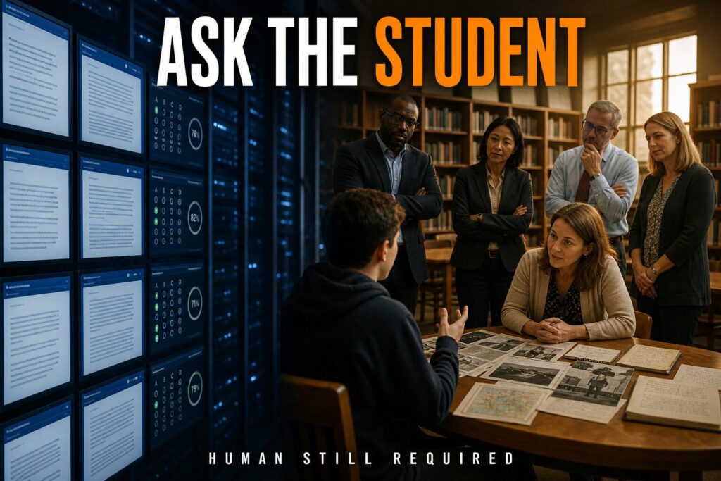 AI assessment image: blue screens of generated work beside a teacher listening to a student. Headline: Ask the Student