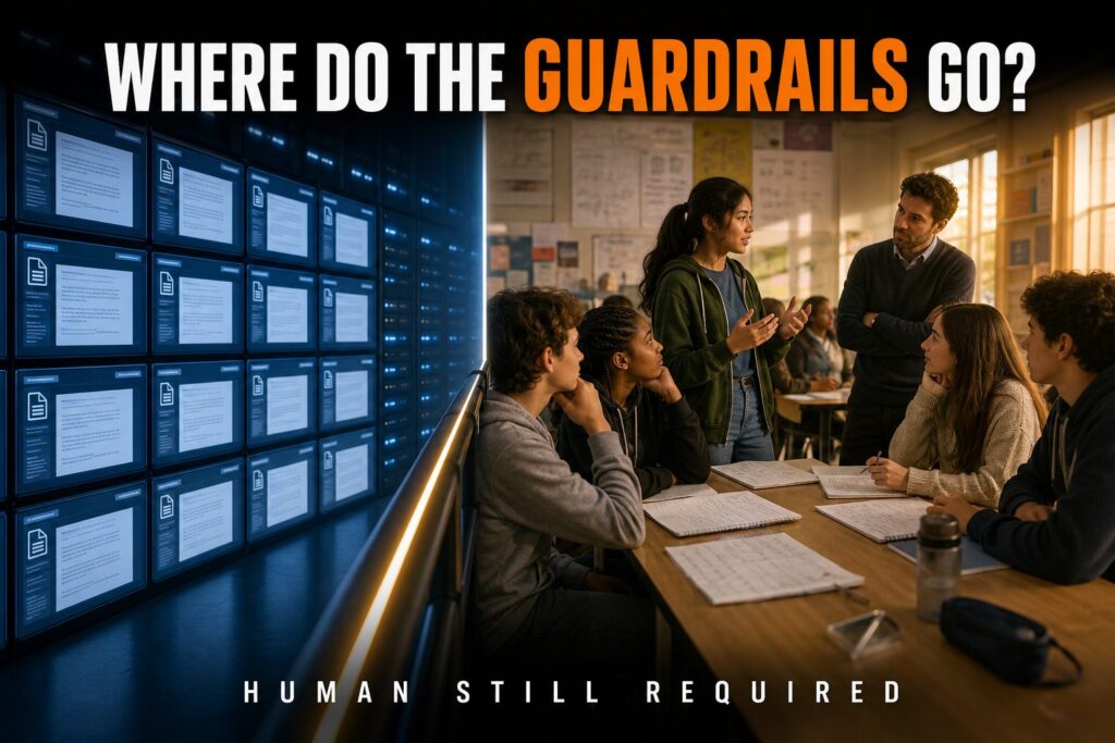 Students explain their thinking beside a wall of AI screens, headline Where Do the Guardrails Go? on AI assessment guardrails