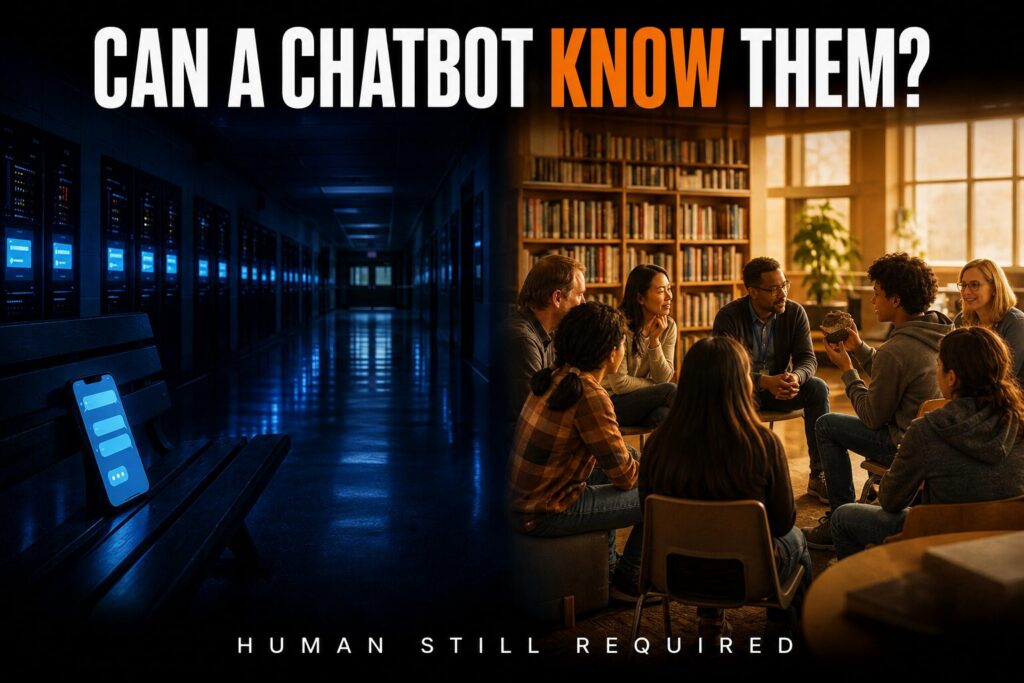 AI companions vs. people: a phone glows in a dark hallway as teens and educators talk in warm light. Can a Chatbot Know Them?