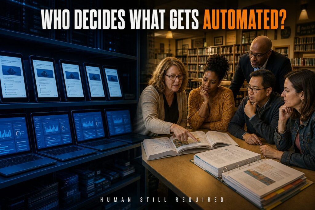 Educators review curriculum beside AI screens; headline: Who Decides What Gets Automated? AI in instructional materials