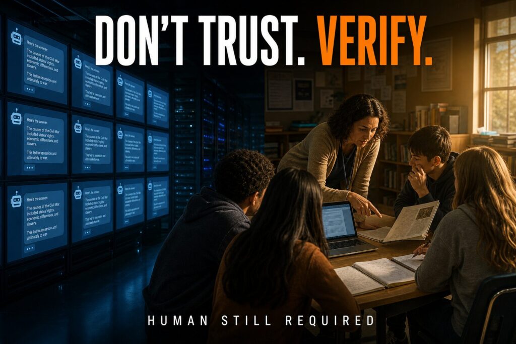 AI literacy image: teacher and students verify a chatbot answer beside cold blue screens. Headline: Don't trust. Verify.