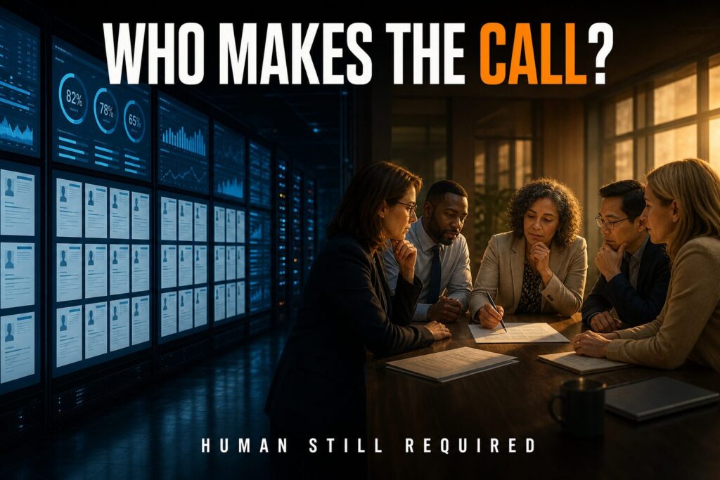 Educators deliberate in warm light beside cold blue AI dashboards under the headline Who Makes the Call? on AI school policy