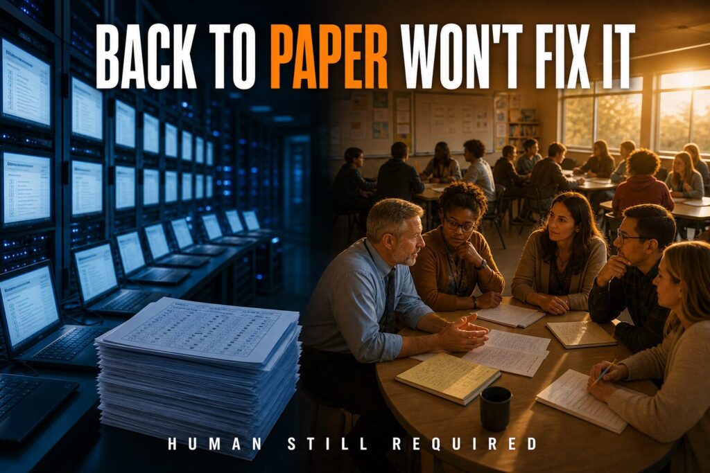 Blue screens and paper tests beside educators talking in warm light, headline Back to Paper Won't Fix It, on a school AI ban