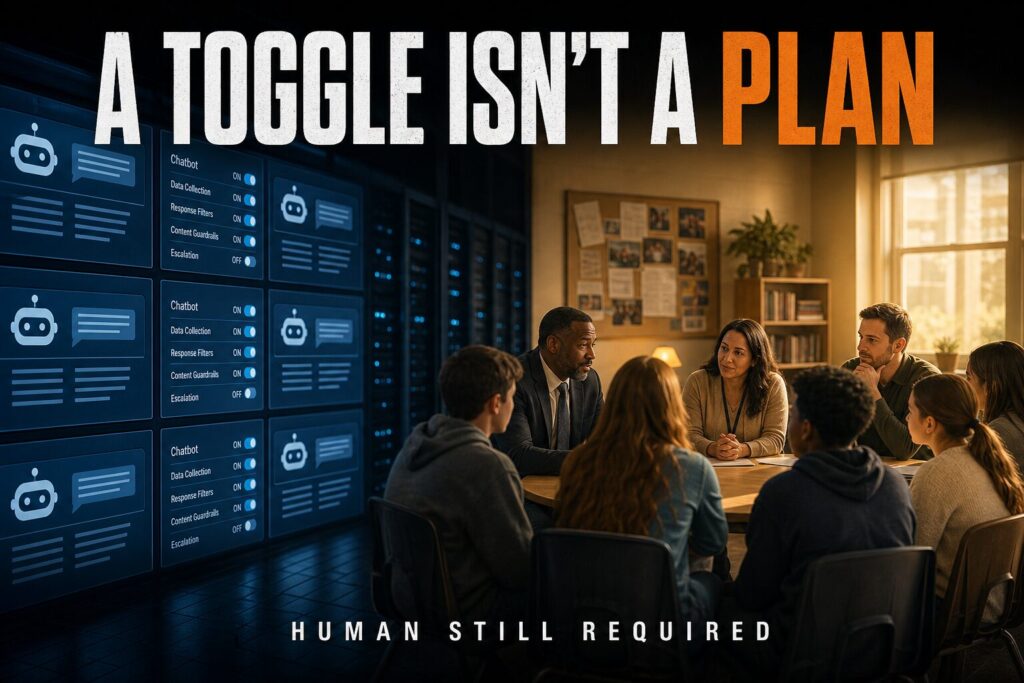 Educators talk with teens in warm light beside cold screens of toggles; headline A Toggle Isn't a Plan, on student AI safety